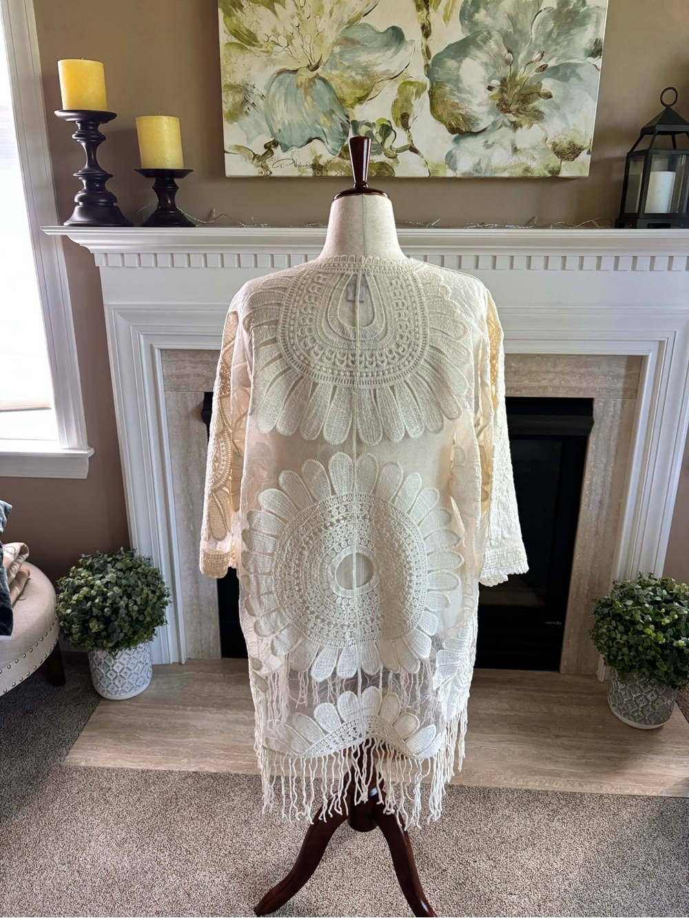 *NEW* Stunning Chico’s Lace Kimono Fringe Detail 3/4 Sleeve - Size L/XL - Picture 4 of 6